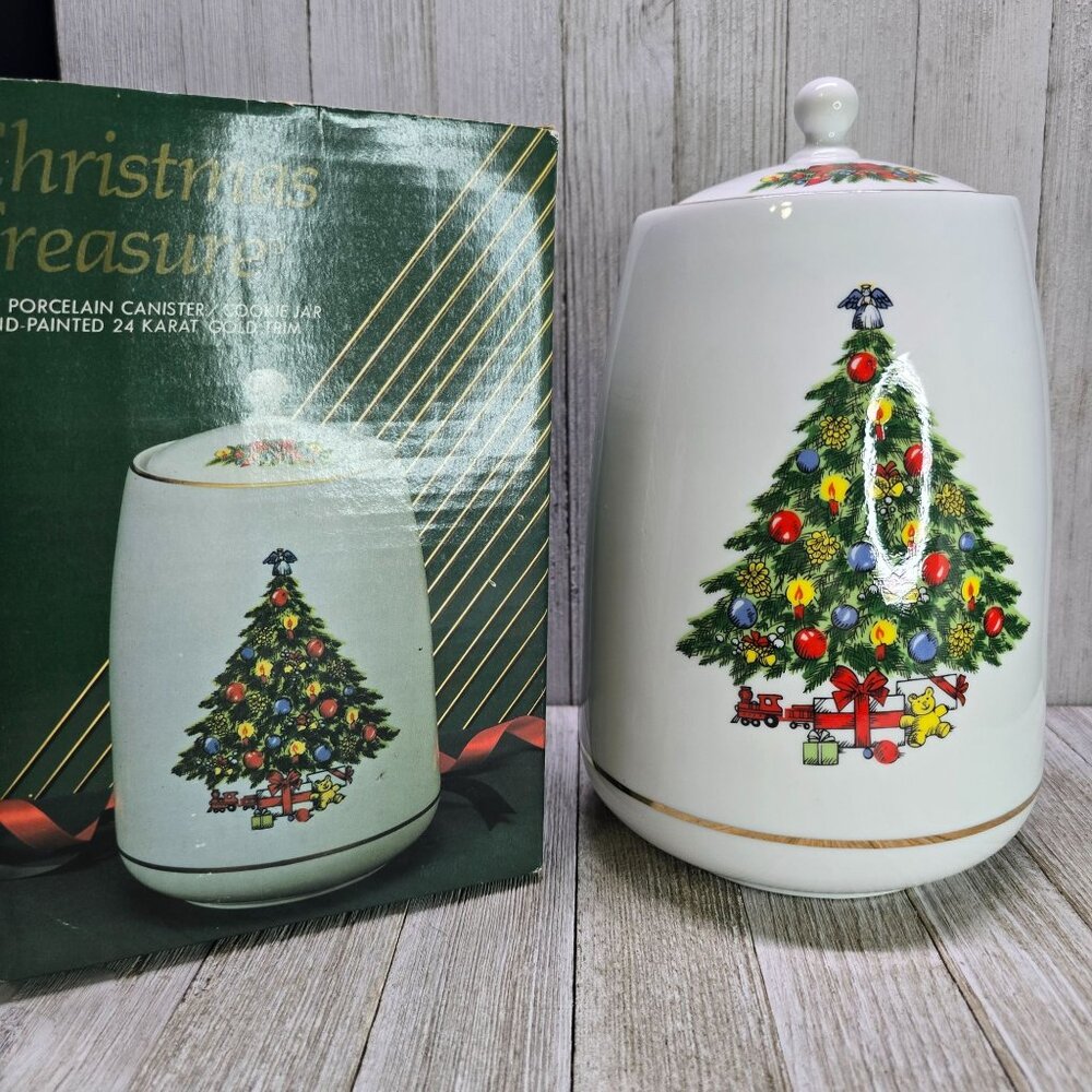 Vtg Christmas Treasure Jamestown China Canister Cookie Jar 24K Gold Trim 8" T